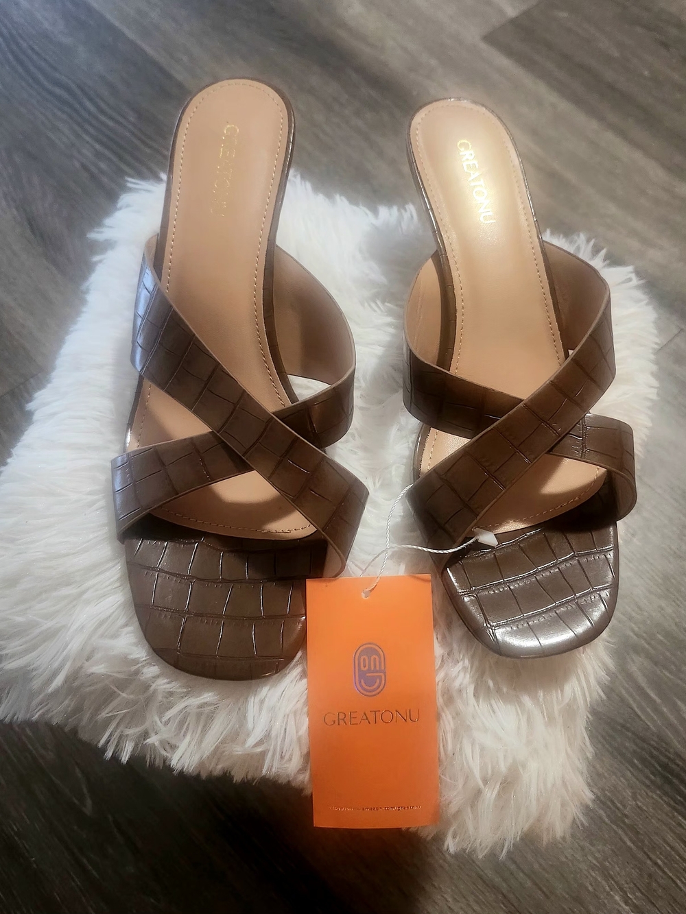 Greatonu Brown Croc-Embossed Crisscross Slide Mules